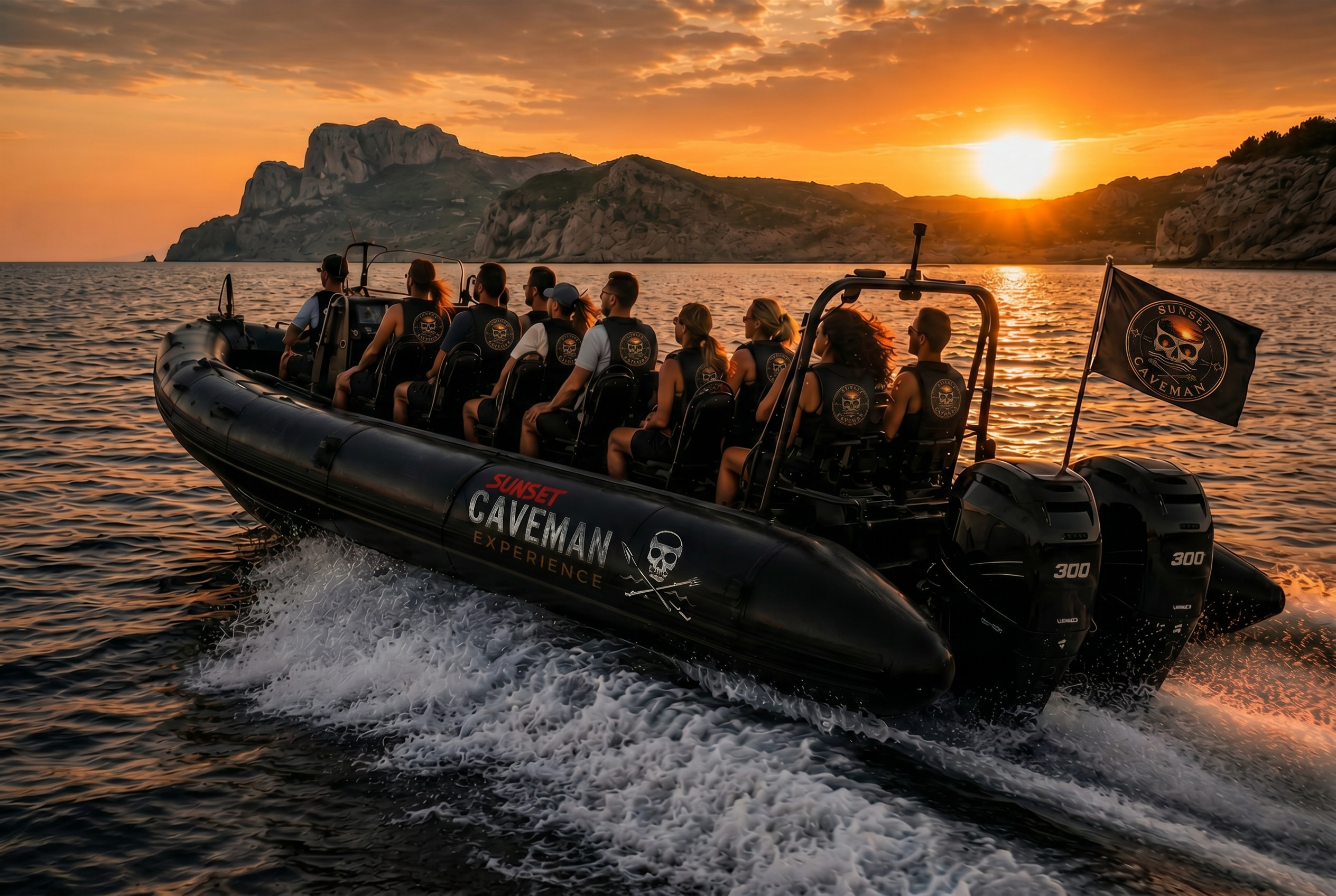 Black combat RIB at sunset along the Costa Blanca